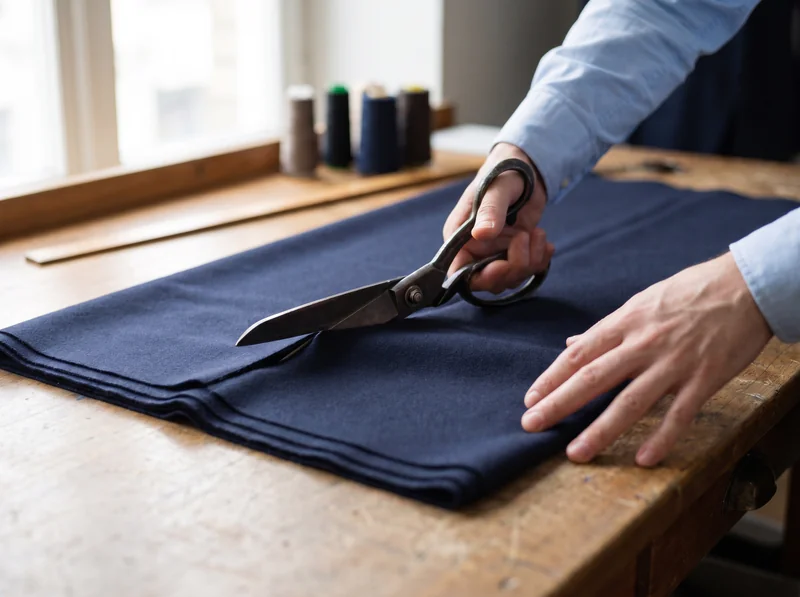 Close-up of hands holding navy fabric and cutting it with tailor’s shears.