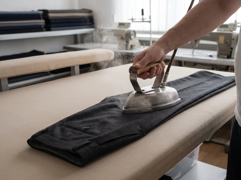 A hand holding an iron on grey trousers laid on a pressing table.