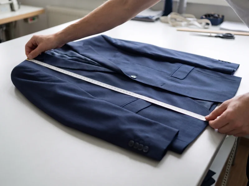 Two hands measuring the length of a navy jacket laid on a table with a straight tape measure.